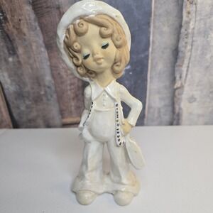 Vintage Young Teenage Girl Porcelain Figurine Lashes Carrying Purse Hat JAPAN